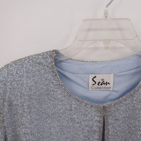 Vintage 100% Silk Beaded Jacket Baby Blue Large - Picture 3 of 11